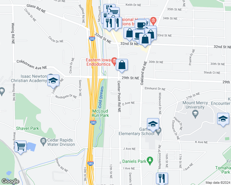 map of restaurants, bars, coffee shops, grocery stores, and more near 1627 Center Point Road Northeast in Cedar Rapids