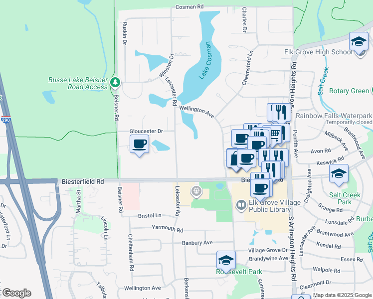 map of restaurants, bars, coffee shops, grocery stores, and more near 815 Leicester Road in Elk Grove Village