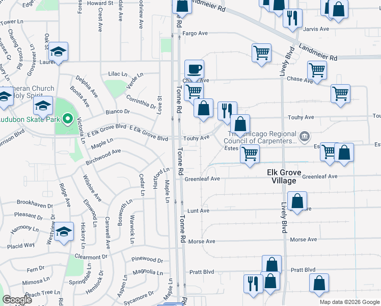 map of restaurants, bars, coffee shops, grocery stores, and more near 635 Touhy Ave in Elk Grove Village