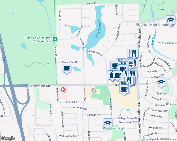 map of restaurants, bars, coffee shops, grocery stores, and more near 815 Leicester Road in Elk Grove Village