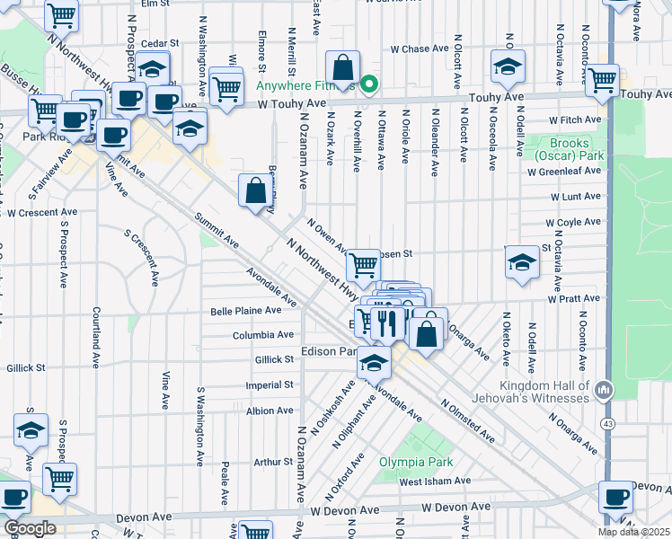 map of restaurants, bars, coffee shops, grocery stores, and more near 6863 North Northwest Highway in Chicago