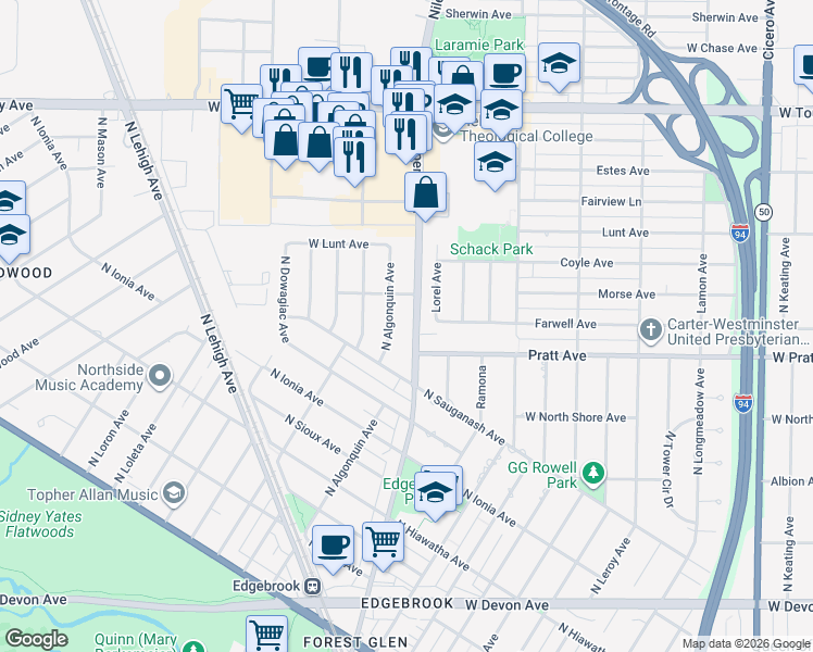map of restaurants, bars, coffee shops, grocery stores, and more near 6842 North Central Avenue in Chicago