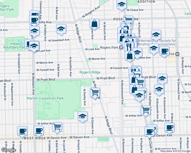 map of restaurants, bars, coffee shops, grocery stores, and more near 6801 North Ridge Boulevard in Chicago