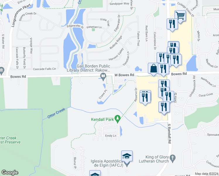map of restaurants, bars, coffee shops, grocery stores, and more near 1009 Crane Pointe in Elgin