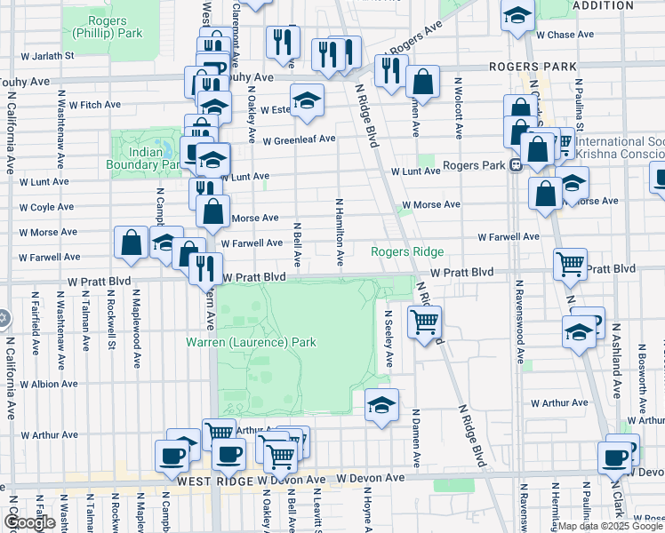 map of restaurants, bars, coffee shops, grocery stores, and more near 6824 North Hamilton Avenue in Chicago