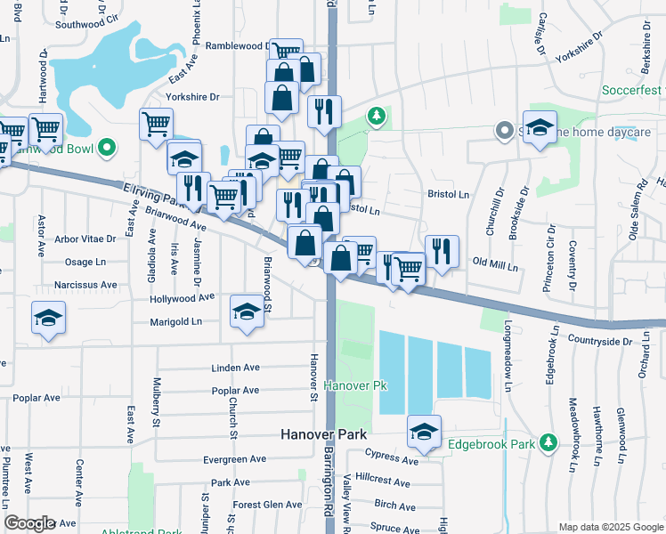 map of restaurants, bars, coffee shops, grocery stores, and more near Barrington Rd & Irving Park Rd in Hanover Park