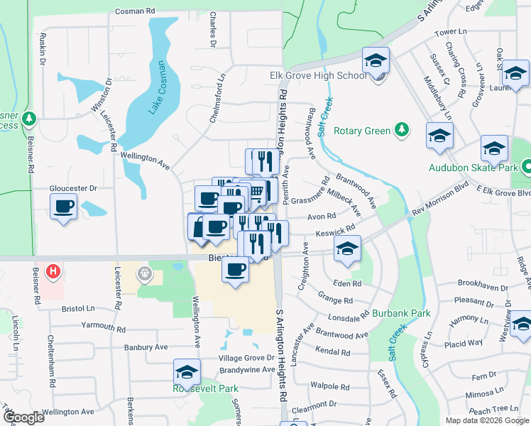 map of restaurants, bars, coffee shops, grocery stores, and more near 836 South Arlington Heights Road in Elk Grove Village