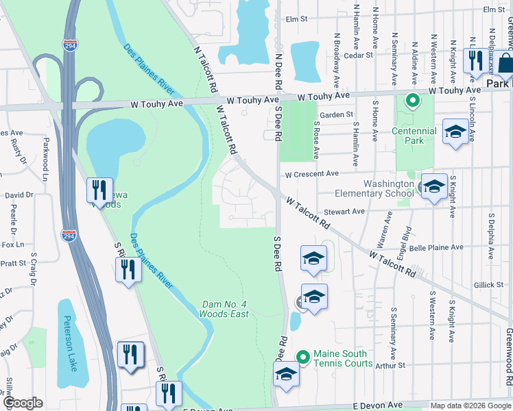 map of restaurants, bars, coffee shops, grocery stores, and more near 2400 Archbury Lane in Park Ridge