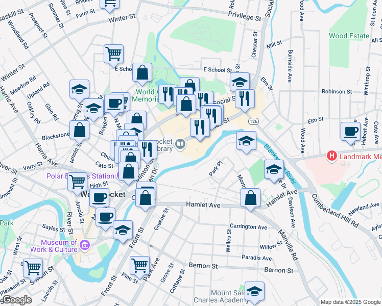 map of restaurants, bars, coffee shops, grocery stores, and more near 333 Clinton Street in Woonsocket