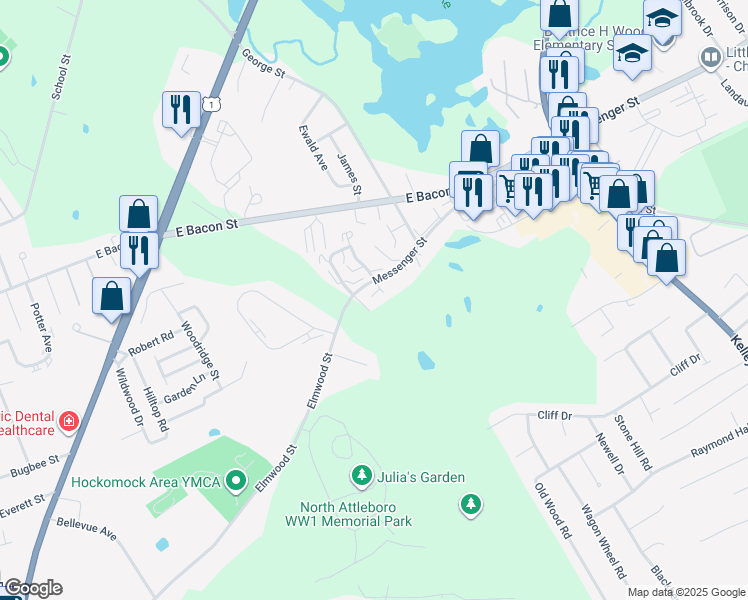 map of restaurants, bars, coffee shops, grocery stores, and more near 11 Messenger Street in Plainville