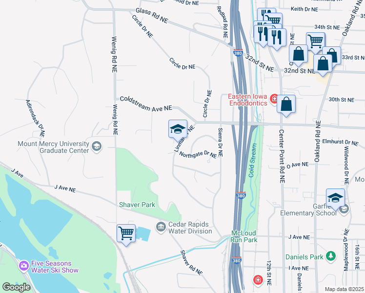map of restaurants, bars, coffee shops, grocery stores, and more near 2126 Linmar Drive Northeast in Cedar Rapids