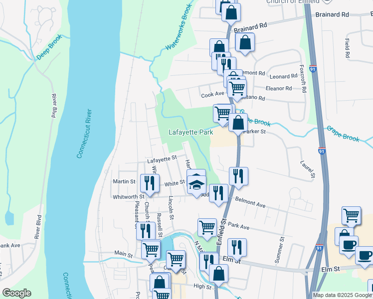 map of restaurants, bars, coffee shops, grocery stores, and more near 66 Hartford Avenue in Enfield