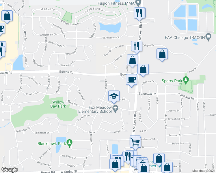 map of restaurants, bars, coffee shops, grocery stores, and more near 746 Fieldcrest Drive in South Elgin