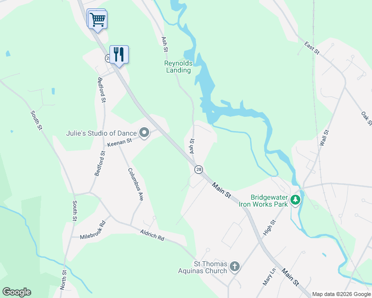 map of restaurants, bars, coffee shops, grocery stores, and more near 436 South Main Street in West Bridgewater