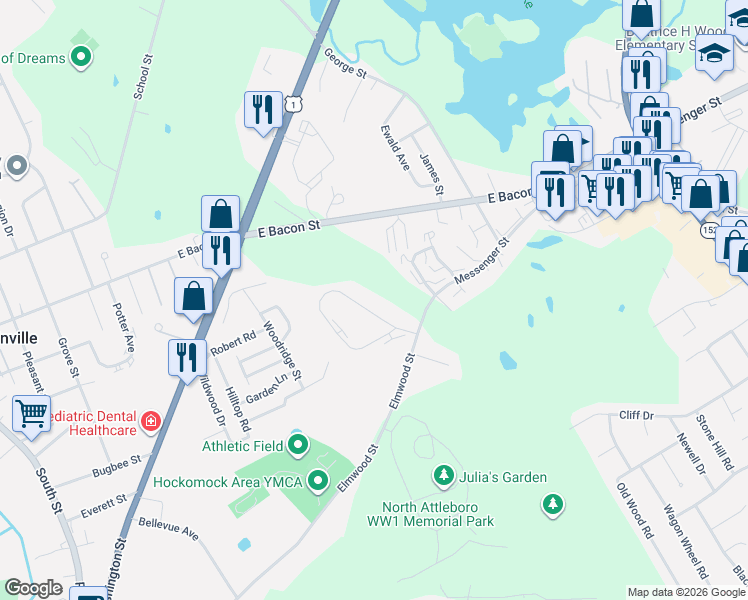 map of restaurants, bars, coffee shops, grocery stores, and more near 45 Terry Lane in Plainville