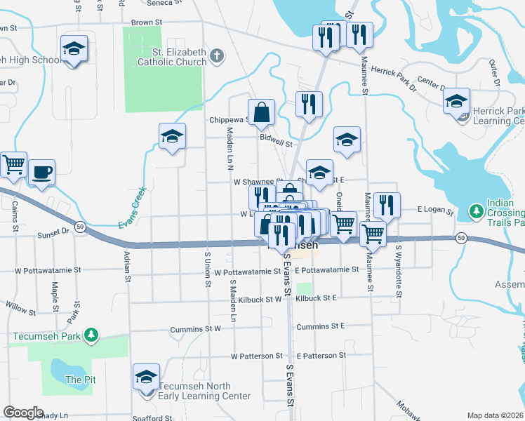 map of restaurants, bars, coffee shops, grocery stores, and more near 213 North Evans Street in Tecumseh