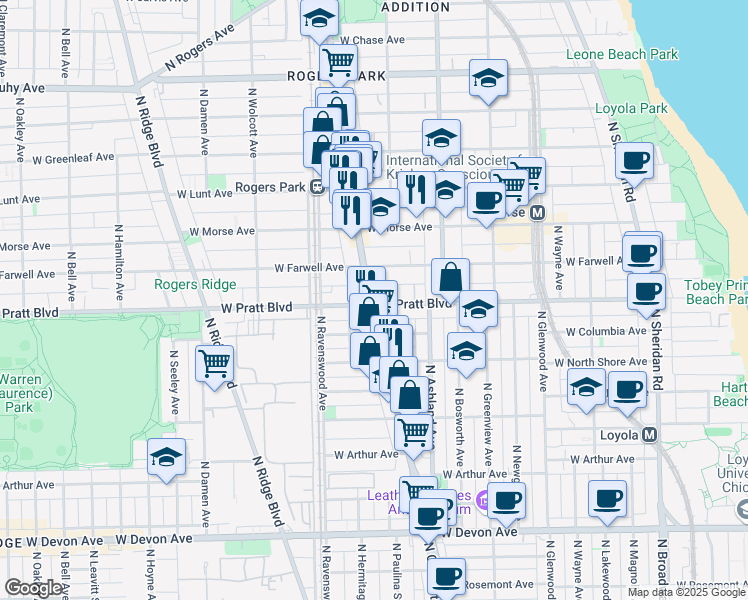 map of restaurants, bars, coffee shops, grocery stores, and more near 6816A North Clark Street in Chicago