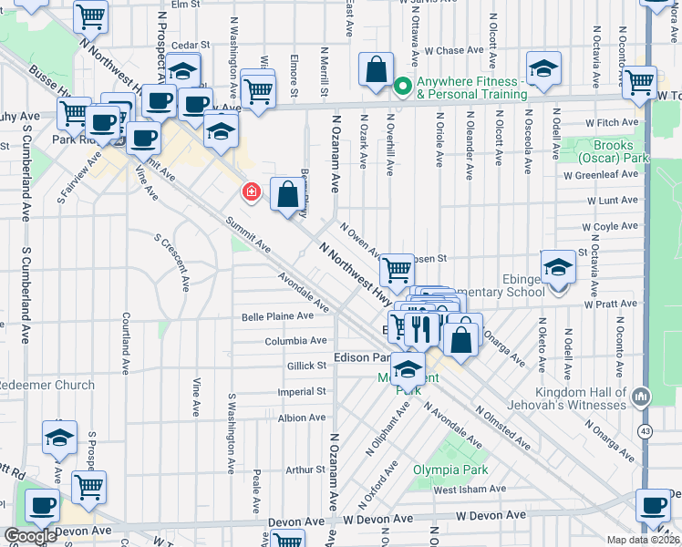 map of restaurants, bars, coffee shops, grocery stores, and more near 6863 North Northwest Highway in Chicago