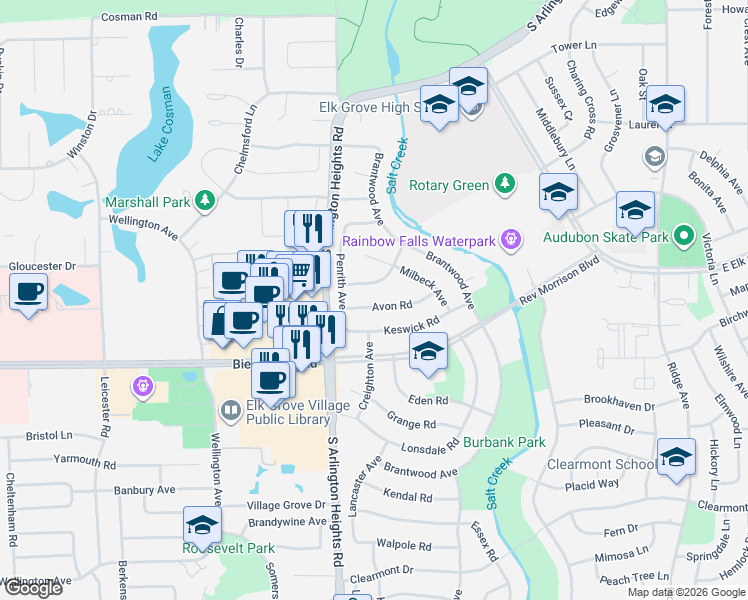map of restaurants, bars, coffee shops, grocery stores, and more near 46 Avon Road in Elk Grove Village
