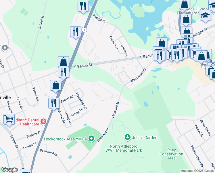 map of restaurants, bars, coffee shops, grocery stores, and more near 45 Terry Lane in Plainville