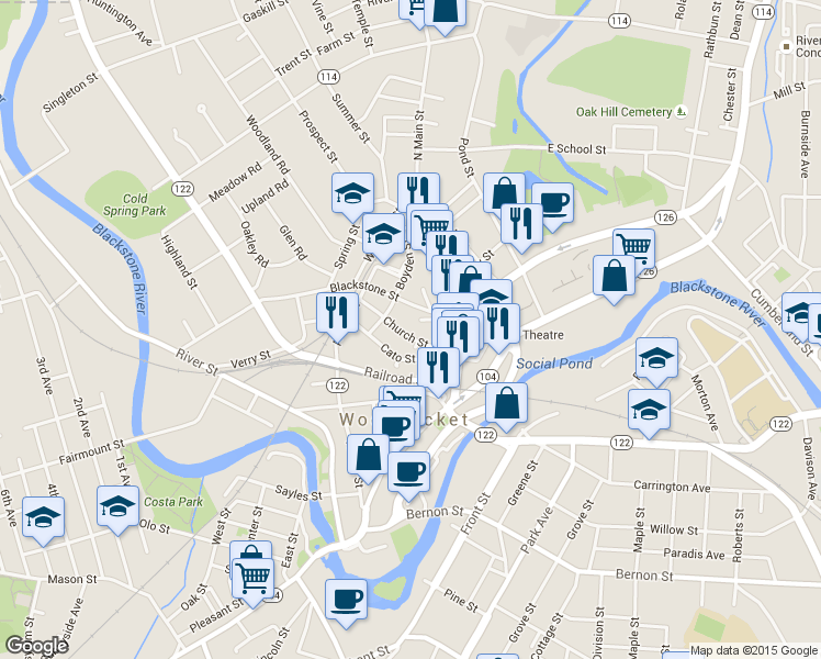 map of restaurants, bars, coffee shops, grocery stores, and more near 66 Blackstone Street in Woonsocket
