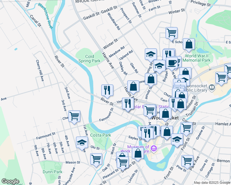 map of restaurants, bars, coffee shops, grocery stores, and more near 495 Blackstone Street in Woonsocket
