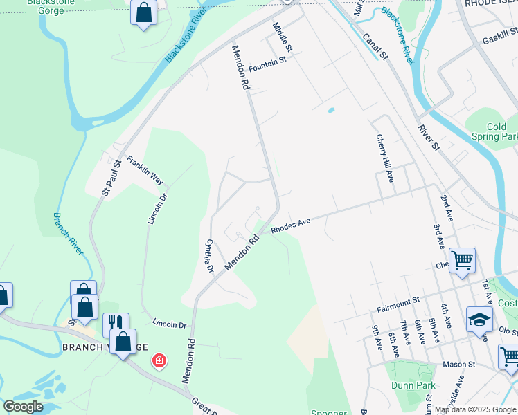 map of restaurants, bars, coffee shops, grocery stores, and more near 290 Mendon Road in North Smithfield