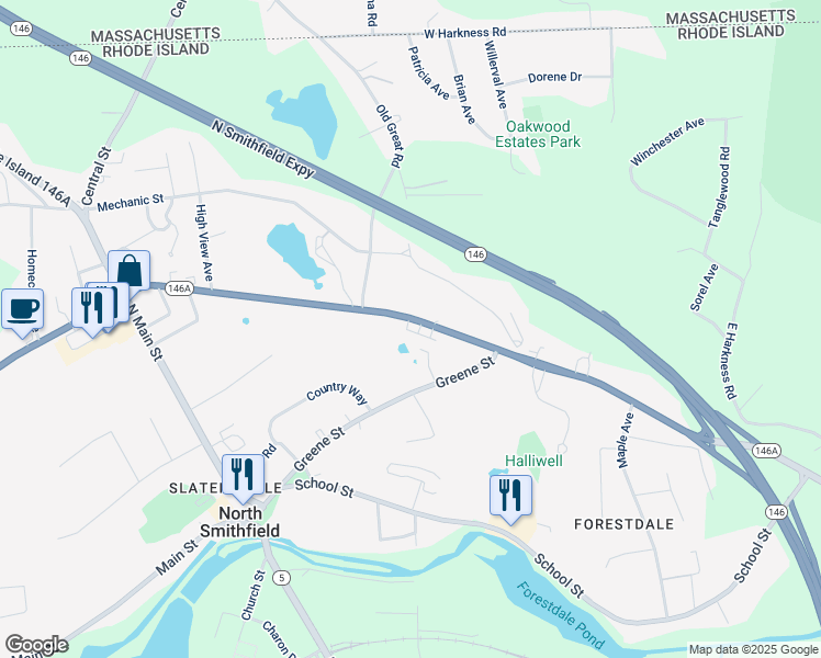map of restaurants, bars, coffee shops, grocery stores, and more near 531 Rhode Island 146A in North Smithfield