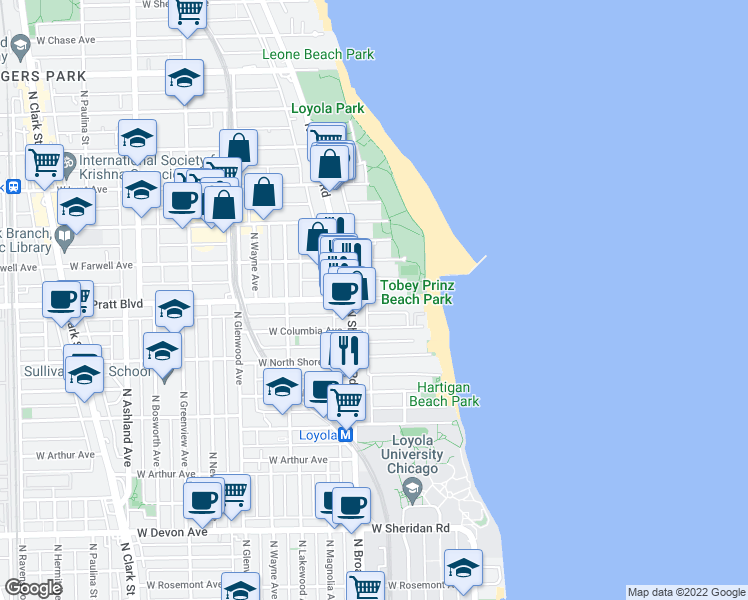 map of restaurants, bars, coffee shops, grocery stores, and more near 1135 West Pratt Boulevard in Chicago