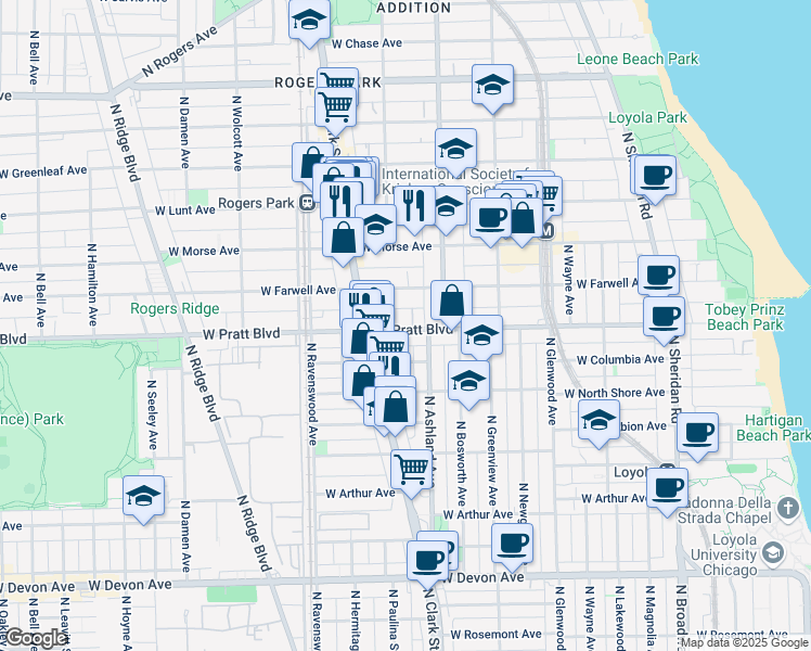 map of restaurants, bars, coffee shops, grocery stores, and more near 1648 West Pratt Boulevard in Chicago