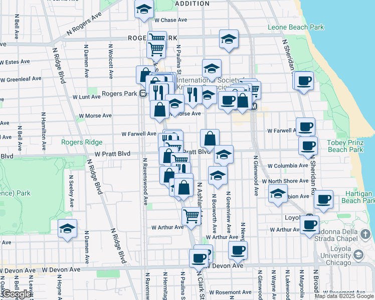 map of restaurants, bars, coffee shops, grocery stores, and more near 1648 West Pratt Boulevard in Chicago