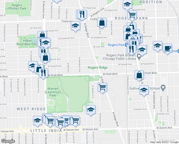 map of restaurants, bars, coffee shops, grocery stores, and more near 2047 West Farwell Avenue in Chicago