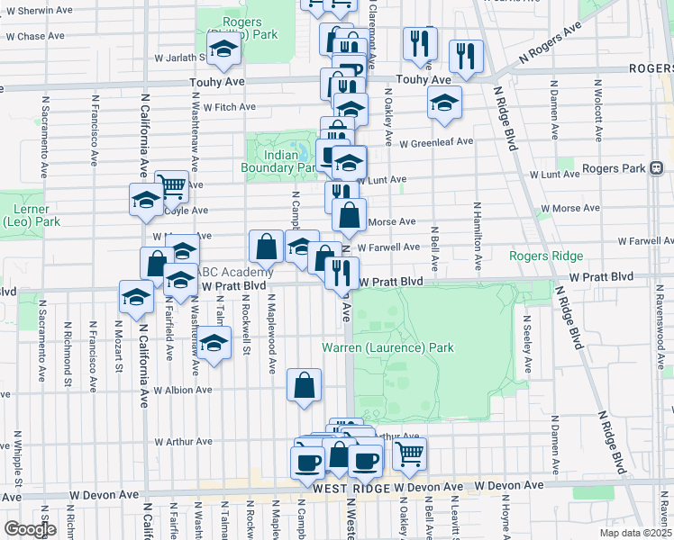 map of restaurants, bars, coffee shops, grocery stores, and more near 6834 North Western Avenue in Chicago