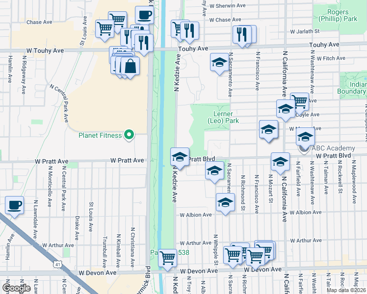 map of restaurants, bars, coffee shops, grocery stores, and more near 6833 North Kedzie Avenue in Chicago
