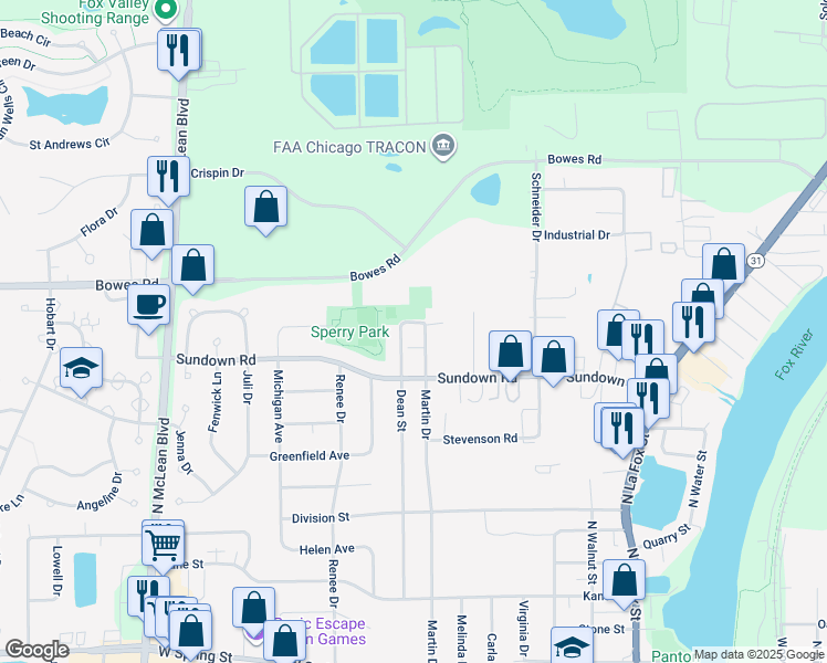 map of restaurants, bars, coffee shops, grocery stores, and more near 726 Dean Street in South Elgin