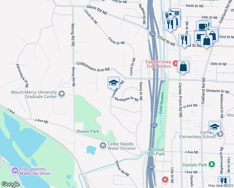 map of restaurants, bars, coffee shops, grocery stores, and more near 2126 Linmar Drive Northeast in Cedar Rapids