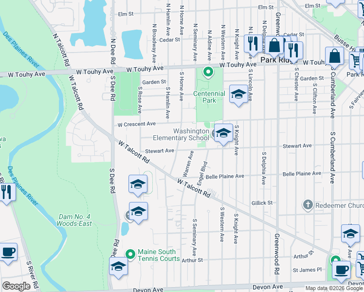 map of restaurants, bars, coffee shops, grocery stores, and more near 327 South Home Avenue in Park Ridge