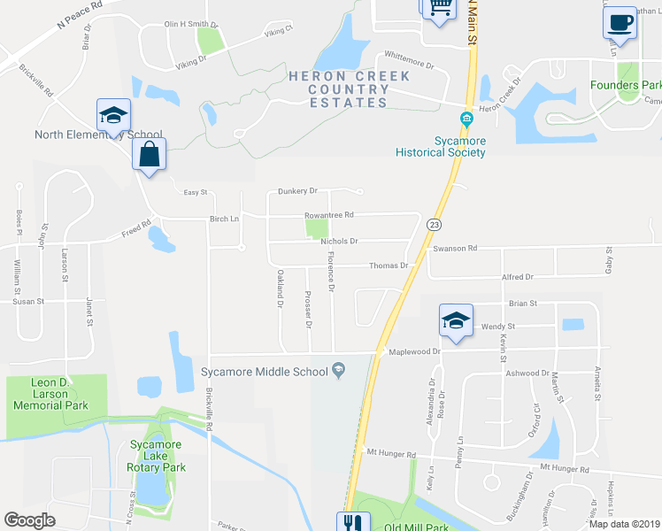 map of restaurants, bars, coffee shops, grocery stores, and more near 201 Thomas Drive in Sycamore