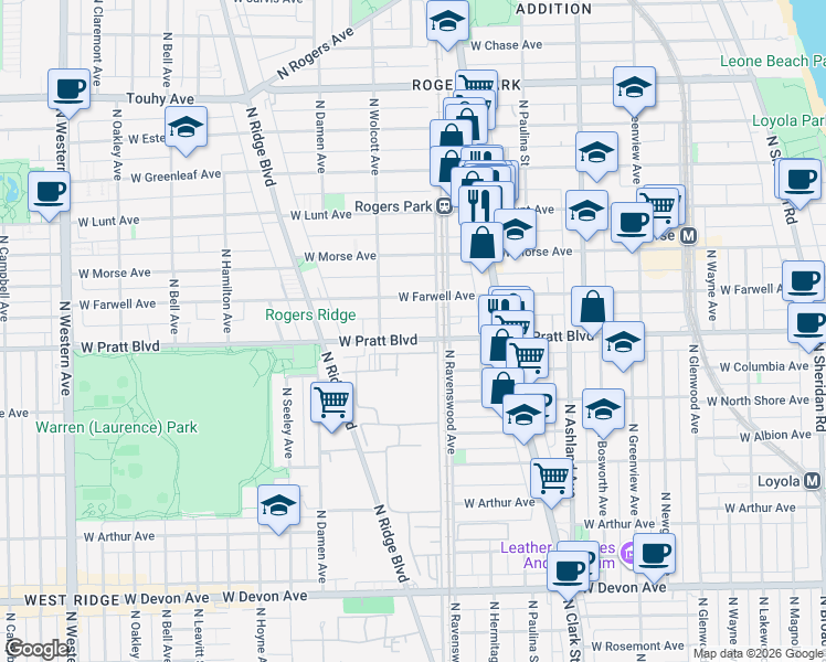 map of restaurants, bars, coffee shops, grocery stores, and more near 1826 West Pratt Boulevard in Chicago