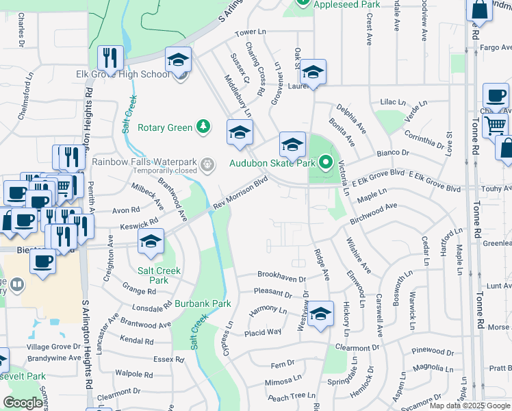 map of restaurants, bars, coffee shops, grocery stores, and more near 233 Washington Square in Elk Grove Village