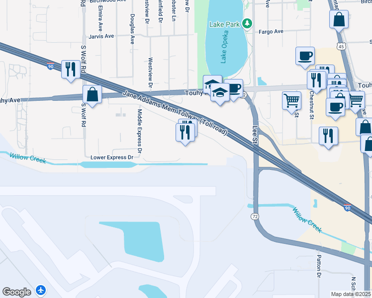 map of restaurants, bars, coffee shops, grocery stores, and more near 11601 East Touhy Avenue in Chicago