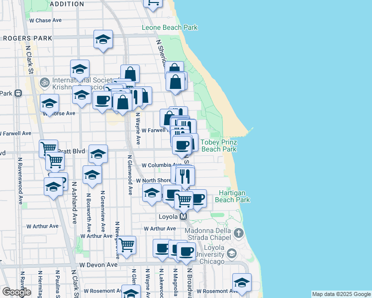 map of restaurants, bars, coffee shops, grocery stores, and more near N Sheridan Rd & W Pratt Blvd in Chicago