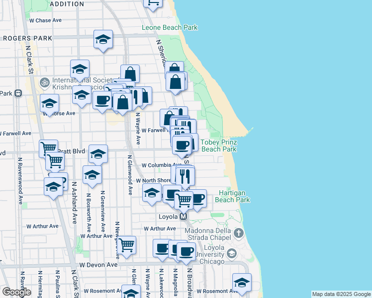 map of restaurants, bars, coffee shops, grocery stores, and more near 1198 West Pratt Boulevard in Chicago