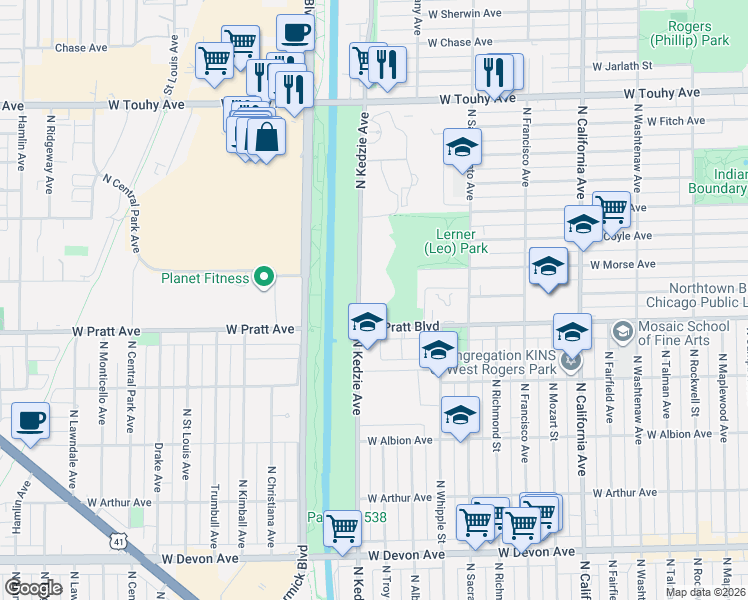 map of restaurants, bars, coffee shops, grocery stores, and more near 6833 North Kedzie Avenue in Chicago
