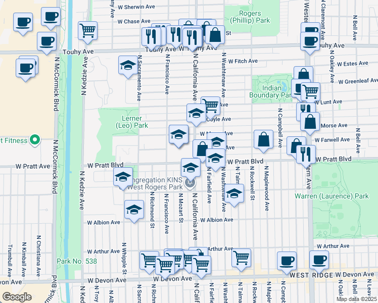 map of restaurants, bars, coffee shops, grocery stores, and more near 6800 North California Avenue in Chicago