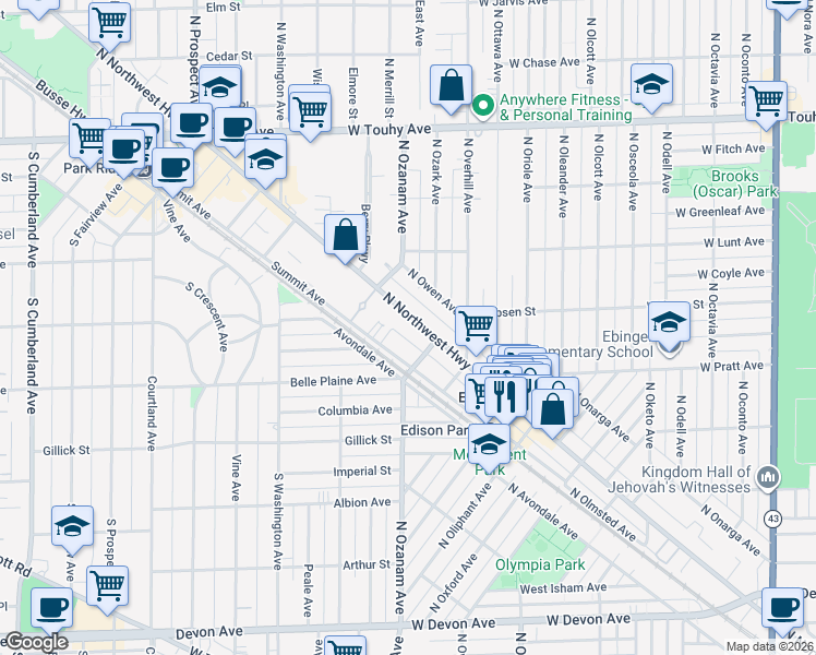 map of restaurants, bars, coffee shops, grocery stores, and more near 6870 North Northwest Highway in Chicago