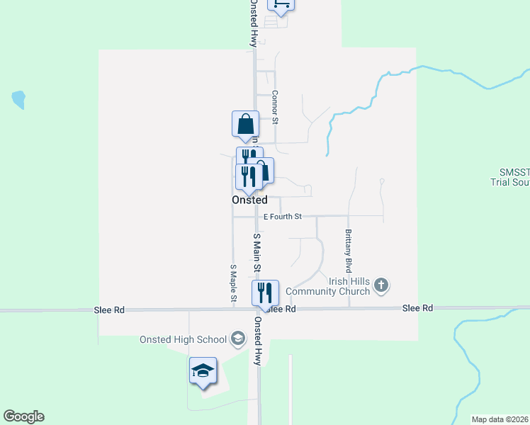 map of restaurants, bars, coffee shops, grocery stores, and more near 115 South Main Street in Onsted