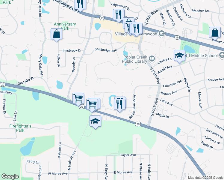 map of restaurants, bars, coffee shops, grocery stores, and more near 4011 Oxford Court in Streamwood