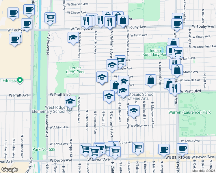 map of restaurants, bars, coffee shops, grocery stores, and more near 6800 North California Avenue in Chicago