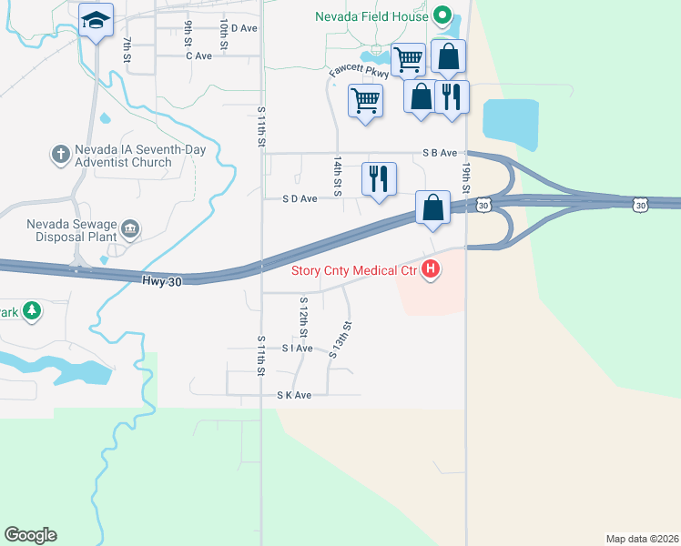 map of restaurants, bars, coffee shops, grocery stores, and more near 1305 South G Avenue in Nevada